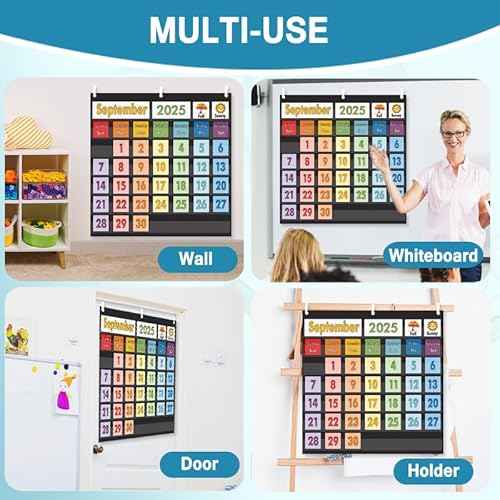 TOGETRUE Classroom Calendar Pocket Chart, Monthly Calendars and Weather Set with 82 Cards for Classroom, Homeschool Supplies for Kids Easy Learning (Black)