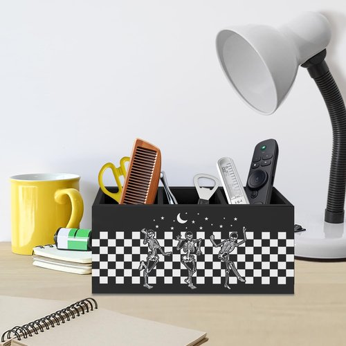 AQYIP Gothic Skeleton Wooden Pen Pencil Holder for Desk Accessories, Witchy Gothic Desk Decor, Funny Skeleton Dancing Checkered Wood Makeup Brush Toothbrush Holder Organizer for Vanity Bathroom