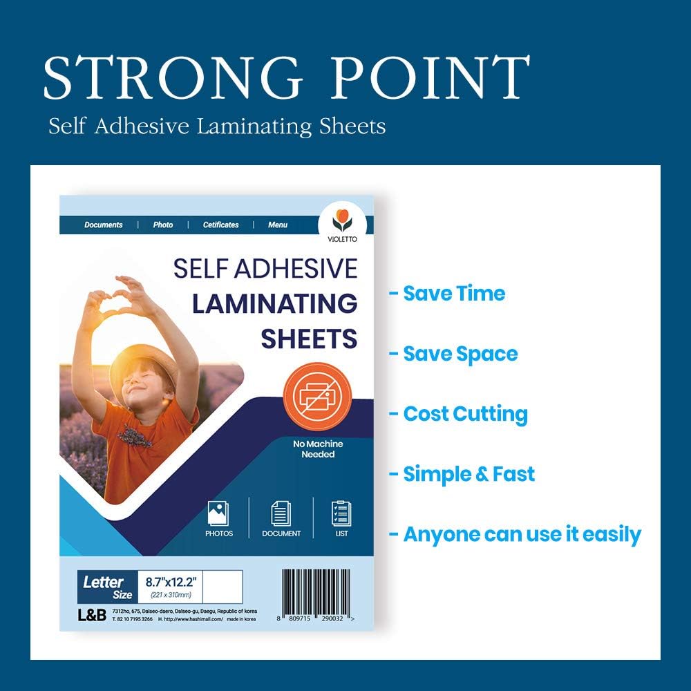 VIOLLETO Self-Stick Laminating Sheets - 8.5 x 11 Inches, 4mil, No Heat, Peel & Stick, Pack of 50