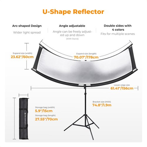 K&F CONCEPT U-Shape Reflector - 4-in-1 Curved Reflector 180x60cm with Stand & Storage Bag for Photography