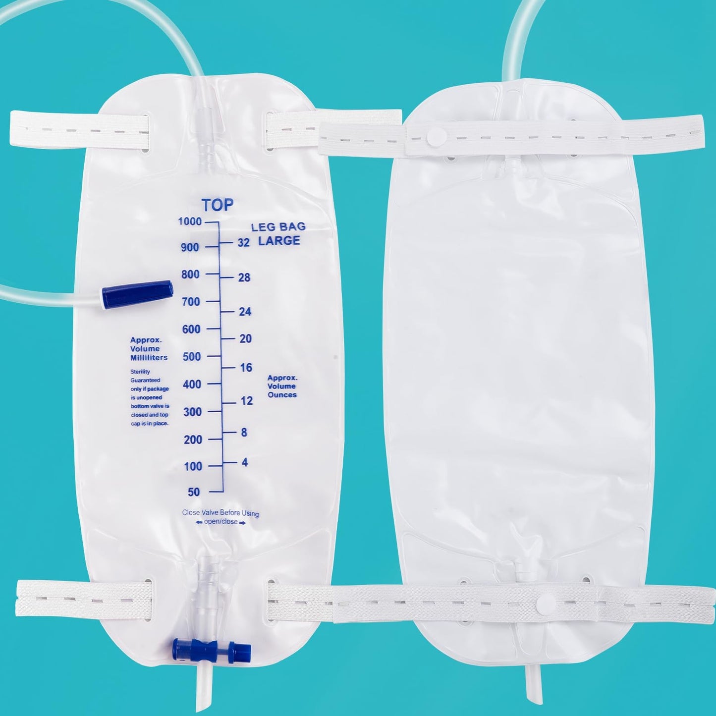FURWEY 4-Pack Leg Bags, 1000mL, 18-inch Tubing with Anti-Reflux Valve, Sealed Separately & Single-Use, Anti-Slip Adjustable Elastic Leg Strap, One-Hand Drain Valve