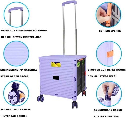 Rolling Crate Utility Cart Collapsible Tote Basket Teacher Cart with Lid Wear-Resistant Noiseless 360°Rotate Wheel Telescoping Handle for Trave Moving Luggage Use(Purple,110lbs)