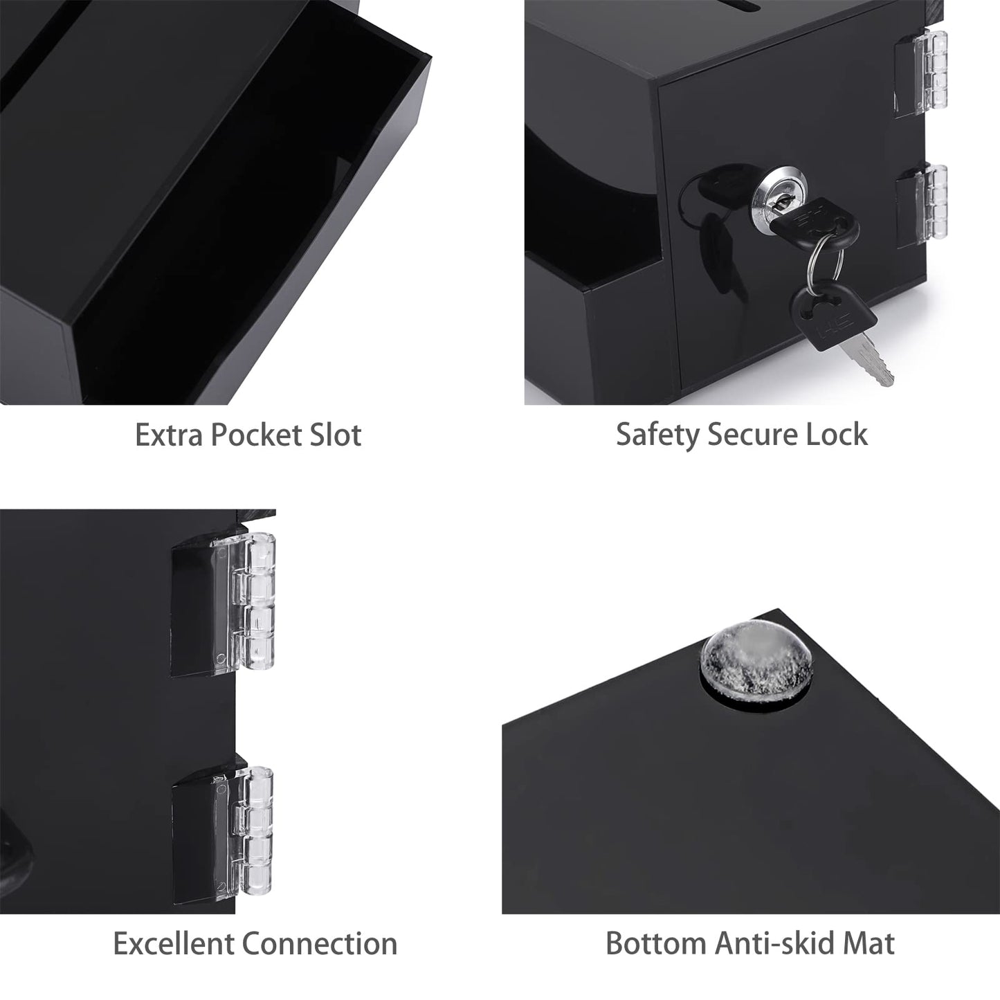 BTSKY Acrylic Suggestion Box with Lock, Acrylic Donation Box with Sign Holder, Tip Box with Pocket Collection Boxes for Voting Locking Mailbox, Suggestion Box with Removable Sign Slot (Black)