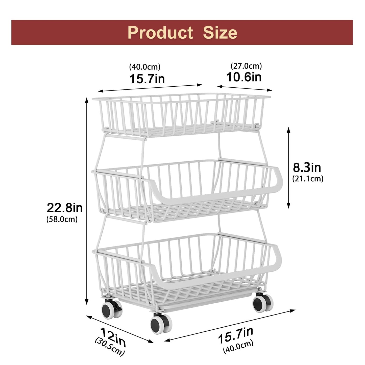 3-Tier Rolling Pantry Cart with Wheels, Stackable Wire Storage Floor Organizer for Kitchen Pantry Snack Shelves, Fruit Basket Stand, Vegetable Storage Rack for Food Snacks Onion Potato, White