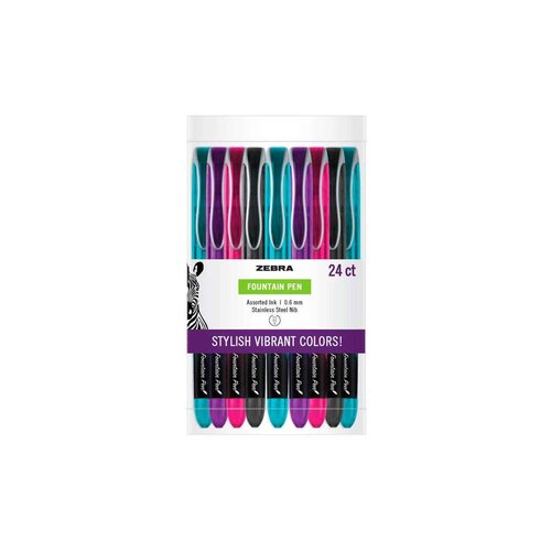 Zebra Pen Fountain Pen Set, Fine Point 0.6mm, Assorted Colors Non-Toxic Ink, Stainless Steel Nib, Disposable (48317) (Pack of 1, 24 Count Total)