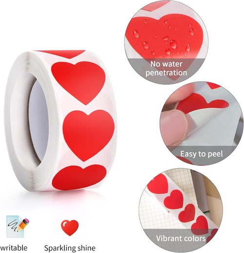Skiennix 500Pcs Red Heart Stickers - Self-Adhesive Valentine's Day Love Labels for Crafting & Gifts