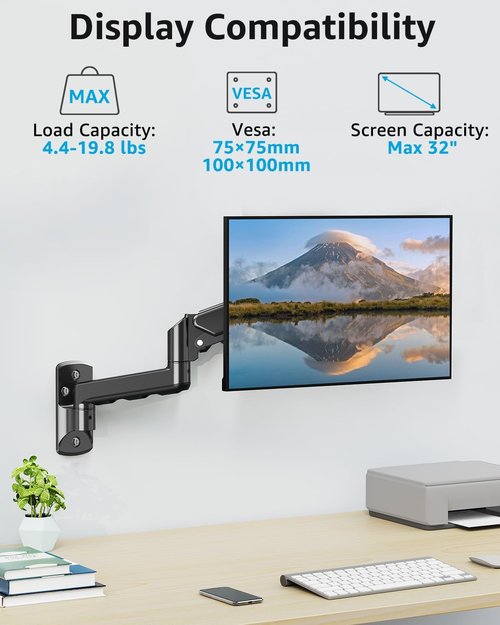 MOUNTUP Single Monitor Wall Mount - Fully Adjustable Arm for 32" Screens | Supports 4.4-19.8lbs