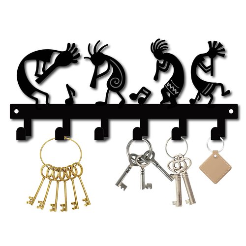 CREATCABIN Metal Key Holder Kokopelli Flute Music Black Wall Mounted Organizer Iron Rack Hanger Decorative 6 Hooks for Entryway Front Door Kitchen Garage Yoga Office,with Screws and Anchors 10.6inch
