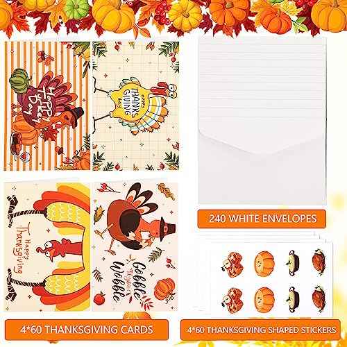 Fulmoon 240 Sets Funny Thanksgiving Greeting Cards Bulk Silly Turkey Gobble Thanksgiving Cards Assortment 4 x 6 Inch Thankful Fall Holiday Card with Envelopes and Stickers for Family Harvest Party