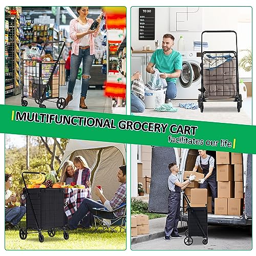Spurgehom Grocery Cart on Wheels Folding Shopping Carts for Groceries 140L Jumbo with Removable Liner and Double Basket, 360¡Æ Rolling Laundry Cart Lightweight Trolley for Seniors 400 LBS Capacity
