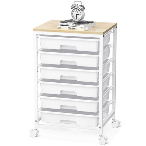 SYKIARIOL Rolling Cart with Drawers,Utility Cart with 6 Drawers,Rolling Storage Cart with Drawers and Wooden Tabletop & Lockable Wheel,White