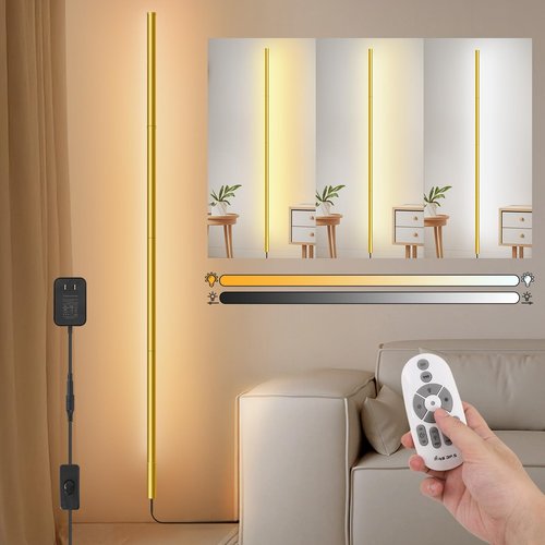 PEESIN 58.2" inch Gold Corner Lamp, Plug in Corner Light with Remote, Minimalist Modern Long Wall Light, Dimmable Living Room Wall Lights, Space-Saving LED CornerLamp for Living Room, 1 Pack