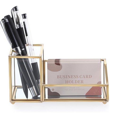 Clipore Glass Business Card Holder Metal Pen Pencil Storage Holder for Desk Clear Business Card Display Organizer Case for Office （gold） Send Goods from Local Warehouse