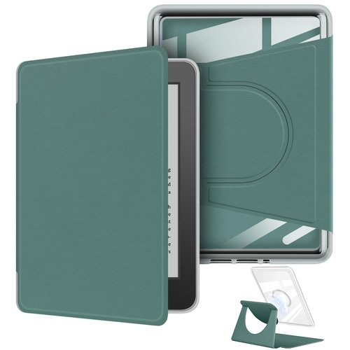 360 Degree Rotating Case for 6.8" Kindle Paperwhite (11th Generation-2021 Release), Detachable Magnetic Design Protective Adjustable Stand Cover Clear Back with Auto Sleep/Wake, Dark Green