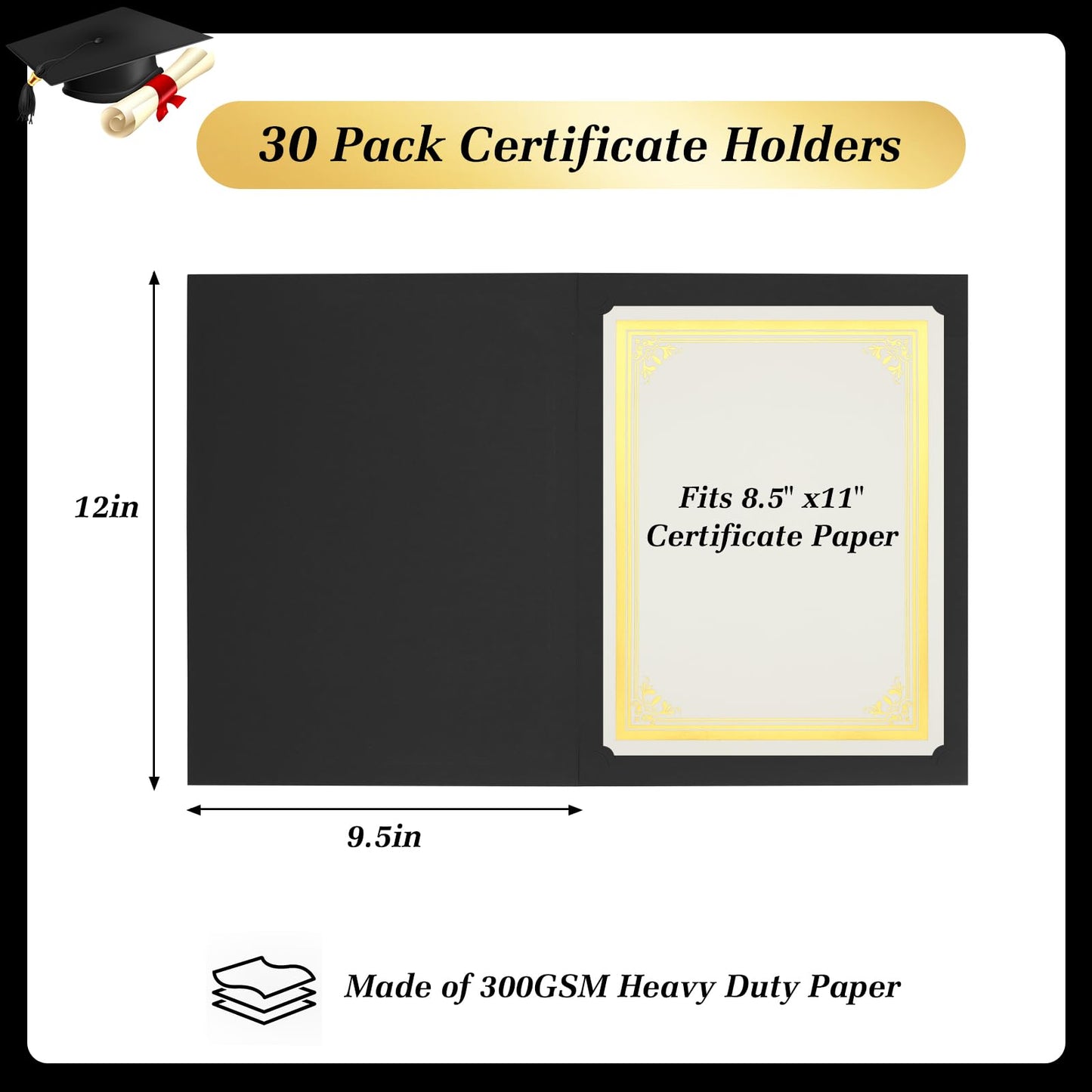 LigneDouce 30Packs Black Certificate Holders Bulk, 300gsm Cardstock Diploma Covers with Gold Foil Border, for Letter Size 8.5 x 11 Certificates, Award & Graduation Document Covers