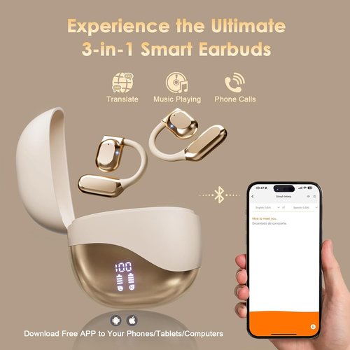 Skiennix AI Translation Earbuds - Real-Time 164 Language Translator for iPhone & Android | 3-in-1 Travel Headphones with Charging Case (Black & Gold)