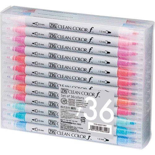Kuretake ZIG CLEAN COLOR f 36 colors set, 0.5 mm & 1.2 mm, AP-Certified, Odourless, Xylene Free, Suitable for dark paper, Perfect for illustrating, sketching, designing and cartooning. Made in Japan