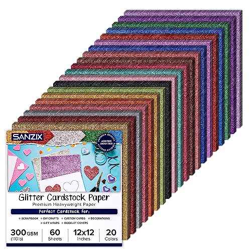 SANZIX Glitter Cardstock 12x12" - 60 Sheets, 20 Colors, 110lb, 300 GSM | Heavyweight Glitter Paper Cardstock for Cricut, Halloween, Christmas Cards, Scrapbook, DIY, Decor & Cards | Sparkly Paper