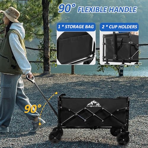 Collapsible Wagon Folding Utility Cart, Beach Wagon 352LBS Heavy-Duty with Adjustable Handles, 5" Quiet Swivel Wheels, Lightweight (11lbs) for Groceries, Camping, Moving, Black