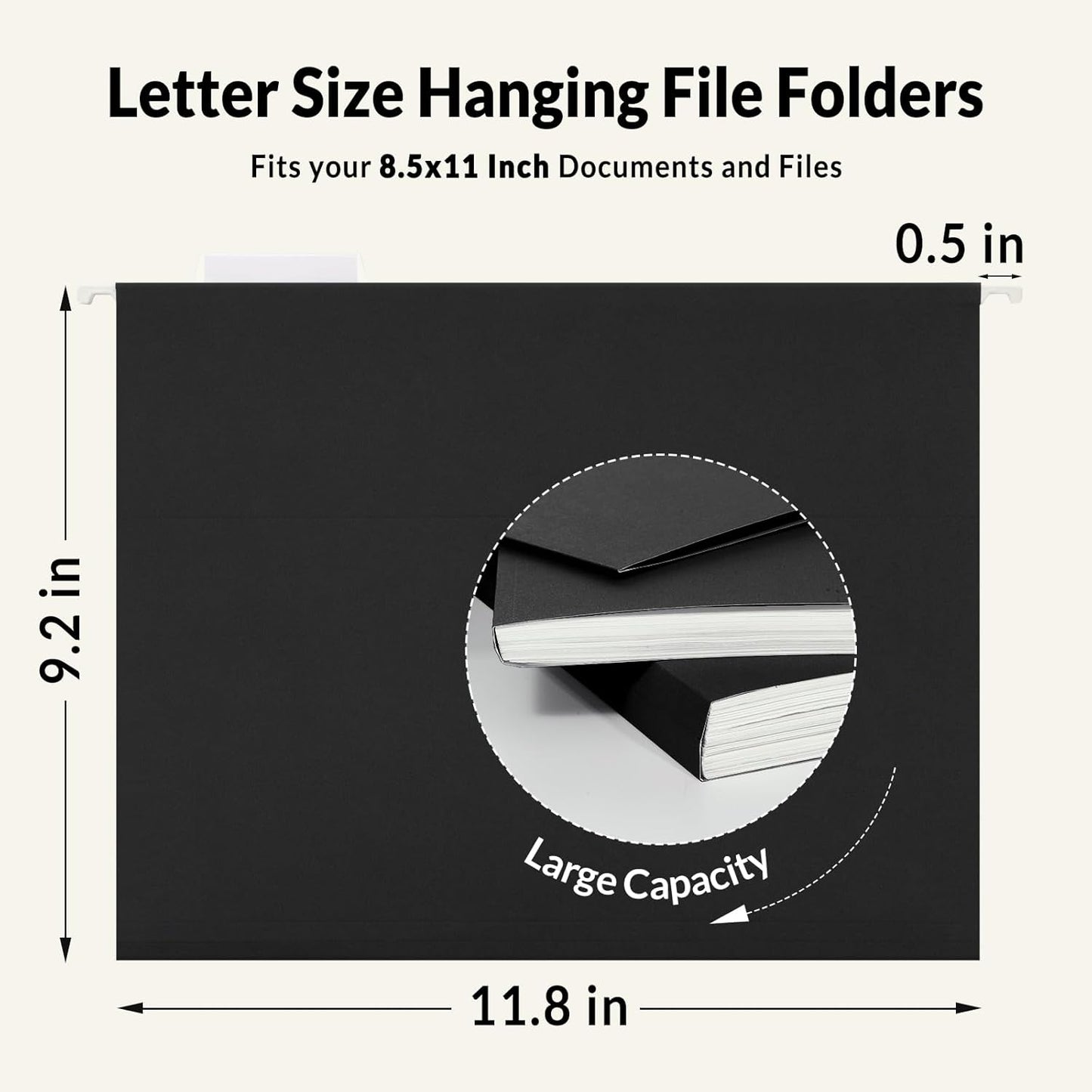 SUNEE Hanging File Folders - 25 Pack Black Letter Size with 1/5-Cut Tabs for Home & Office Organization