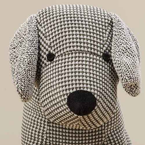 Weighted Puppy Dog Door Stopper, Floppy Ears, Grey, White, Black, Chenille and Tweed Fabric, Polyester Exterior, Polyester and Sand Filling, 9 Inches Tall, 2.2