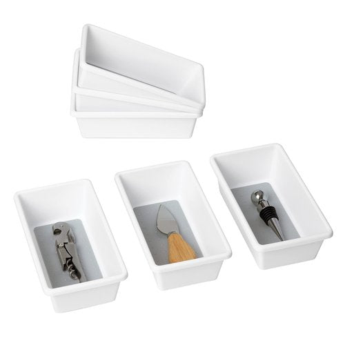 Smart Design Plastic Drawer Organizer - Set of 6-6.75 x 3.75 Inch – Non-Slip Lining and Feet - BPA Free – Utensils, Flatware, Office, Personal Care, or Makeup Storage - Kitchen - White with Gray