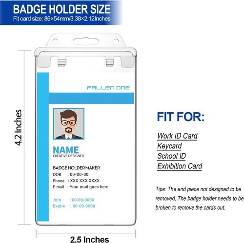 Fallen One Clear ID Badge Holder - Heavy Duty Vertical Design, Permanent Locking | 2 Pack