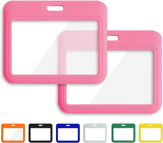 Skiennix ID Badge Holder - Double-Sided Horizontal Hard Plastic Case | Pink Card Protector for Office & School