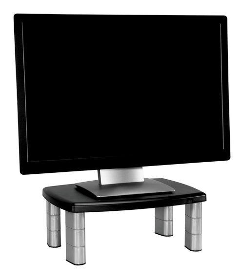 3M Adjustable Monitor Stand, Three Leg Segments Simply Adjust Height From 1" to 5 7/8", Sturdy Platform Holds Up to 80 lbs, 11-inch Space Between Columns for Storage, Silver/Black (MS80B)