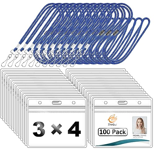 Badge Holder with Breakaway Lanyards,100 Pack Clear Plastic Horizontal Name Tag Holder with Safety Lanyard Heavy Duty Waterproof Resealable Zip PVC ID Card Holders (Blue Lanyards, 100 Pack)