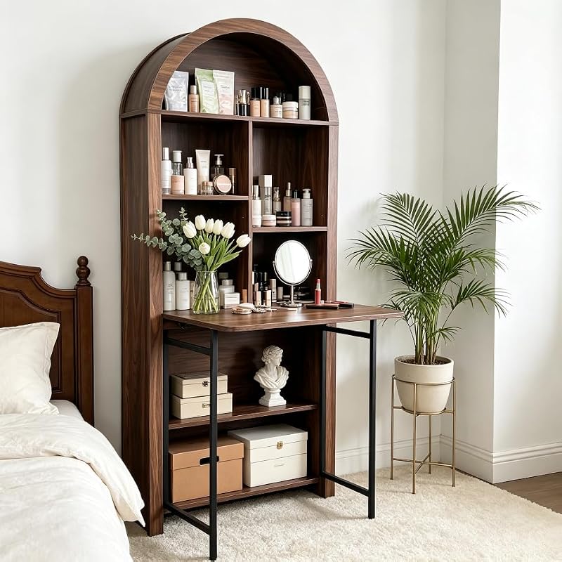 JIJIWANG 70.8-Inch Walnut Arched Folding Desk with Bookcase Storage for Small Spaces