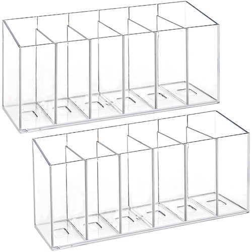 Hacaroa 2 Pack Acrylic Pen Holder 6 Compartments, Clear Makeup Brush Organizer with Removable Dividers, Acrylic Cosmetic Brush Holder for Eyebrow Pencils, Markers, Office Desk, Vanity