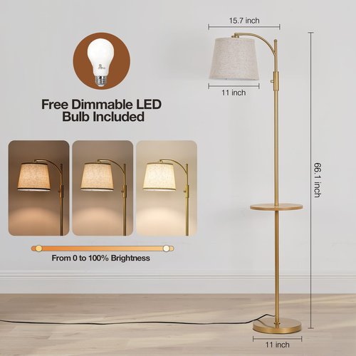 AIDENOEY Fully Dimmable Floor Lamp for Living Room，Standing Lamp Rotary Switch with Table&Linen Beige Shade，Golden Tall Lamps for Bedroom with Adjust Head，9W LED Bulb Included