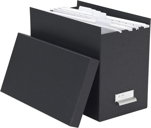 Bigso John Fiberboard Label Frame Desktop File Storage Box - Document Organizer for Important Paperwork - Durable Hanging File Box with a Lid & Metal Label Window - 7.4 in x 13 in x 10.4 in - Blue