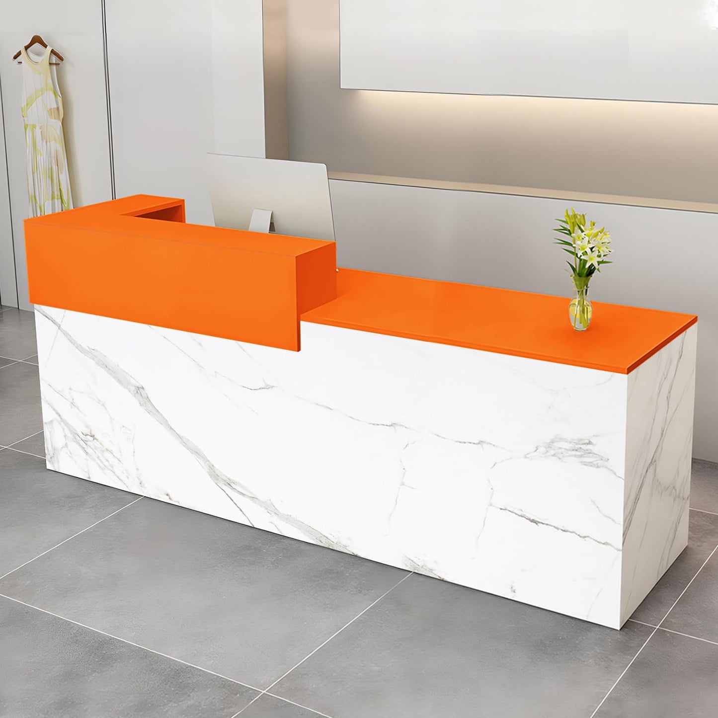 Modern Reception Desk with Drawer & Open Shelves, 39-95 Inch Front Counter Table, Computer Workstation Suitable for Salons, Offices, Lobbies, Retail Stores and Home Offices