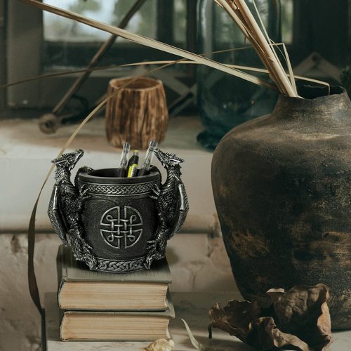 DWK - Literary Beasts - Twin Double Dragon Celtic Gothic Pen Pencil Desk Organizer Makeup Brush Holder Art Supply Caddy Home Office Accent Storage Accessory, Antique Silver Pewter, 6.5-inch