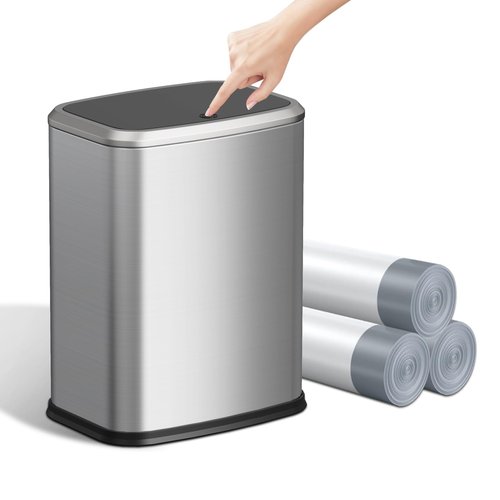 KHMMGK 2.1 Gallon Bathroom Trash Can with Lid Press Top, 8 Liter Stainless Steel Garbage Can with Press Type Lid, Slim Trash Bin Waste Basket for Toilet, Office, Bedroom, Living Room (Silver)