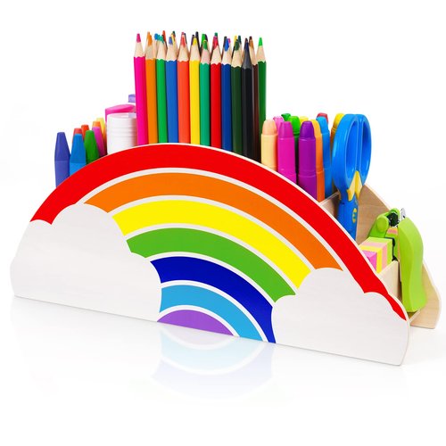 GAMENOTE Rainbow Wooden Desk Organizer – Natural Wood, No Smell, Childfriendly Pen Pencil Holder Caddy for Office Supplies, Classroom,Study Area– Cute Storage for Kids Present