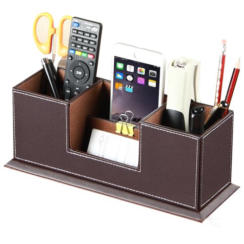 PUSU Desk Pencil Holder, PU Leather Pen Holder for Desk, Executive Desk Organizers and Accessories, Multifunctional Desk Organizer with 4 Compartments Storage Business Card/Pen/Pencil/Phone/Stationery