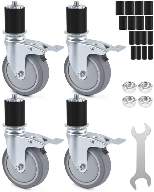 ERKOON Prep Table Caster Wheels Set, 4 Heavy duty Expanding Stem Casters legs Fit 7/8", 1", 1-1/2", 1-5/8" Tube Leg Stainless Steel Table for Stainless Steel Furniture Legs,Cart, Kitchen Workbench(4")