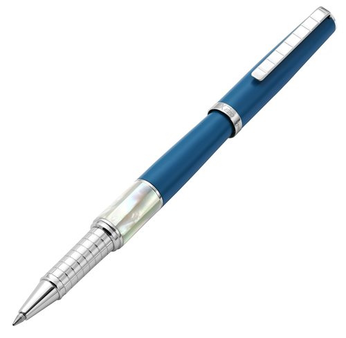 Xezo Speed Master Fine Rollerball Pen. Matte Lapis Blue with White Mother of Pearl. Chrome Plated. Lightweight Brass Body. No Two Alike. Etched With a Serial Number