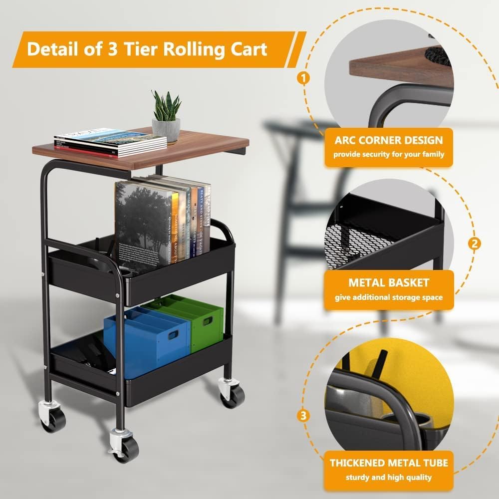 Skiennix Rolling Cart - 3-Tier Metal Utility Organizer with Lockable Wheels - Black Wooden Tabletop