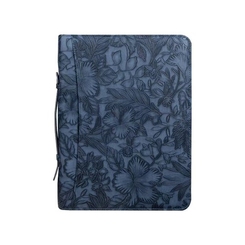 Embossed Padfolio Portfolio PU Leather Binder,3 Ring Binder,with Pad Holder, A4/Letter Size,Phone Pocket, Card Slots and Pen Loops（Dark Blue）