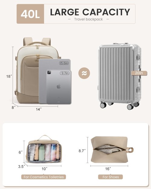 LOVEVOOK 40L Travel Backpack - Waterproof Carry-On Bag for 15.6" Laptop | Airline Approved with 2 Packing Cubes