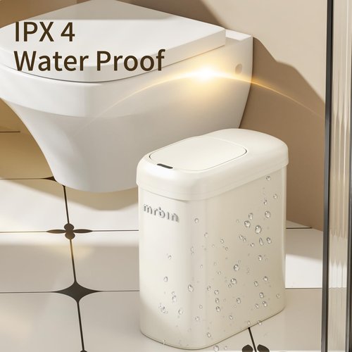 MRBIN Motion Sensor Adsorption Bag Bathroom Metal Trash Can with Lid and Wheels, 10L/2.6gal Automatic Removable Slim Electric Narrow Waste Basket for Near Desk Office, Bedroom, Kitchen, Rv, White