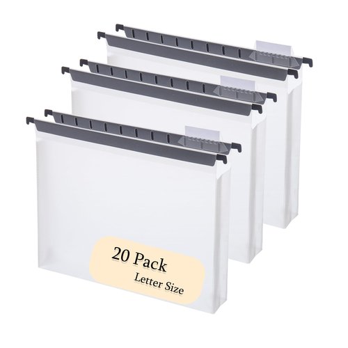 Fei Bi Large Capacity Plastic Hanging Folder, 20 Pack Reinforced Extended Hanging Folder Letter Size, Heavy 2-inch Expansion, Office Hanging Folder Organizer, White Transparent