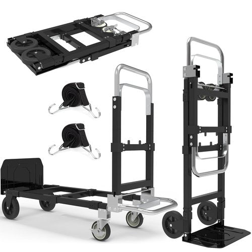 3 in 1 Heavy Duty Folding Hand Truck, Convertible Portable Steel Dolly with Telescopic Handle, Foldable Utility Cart with Rubber Wheels, 500 LBS