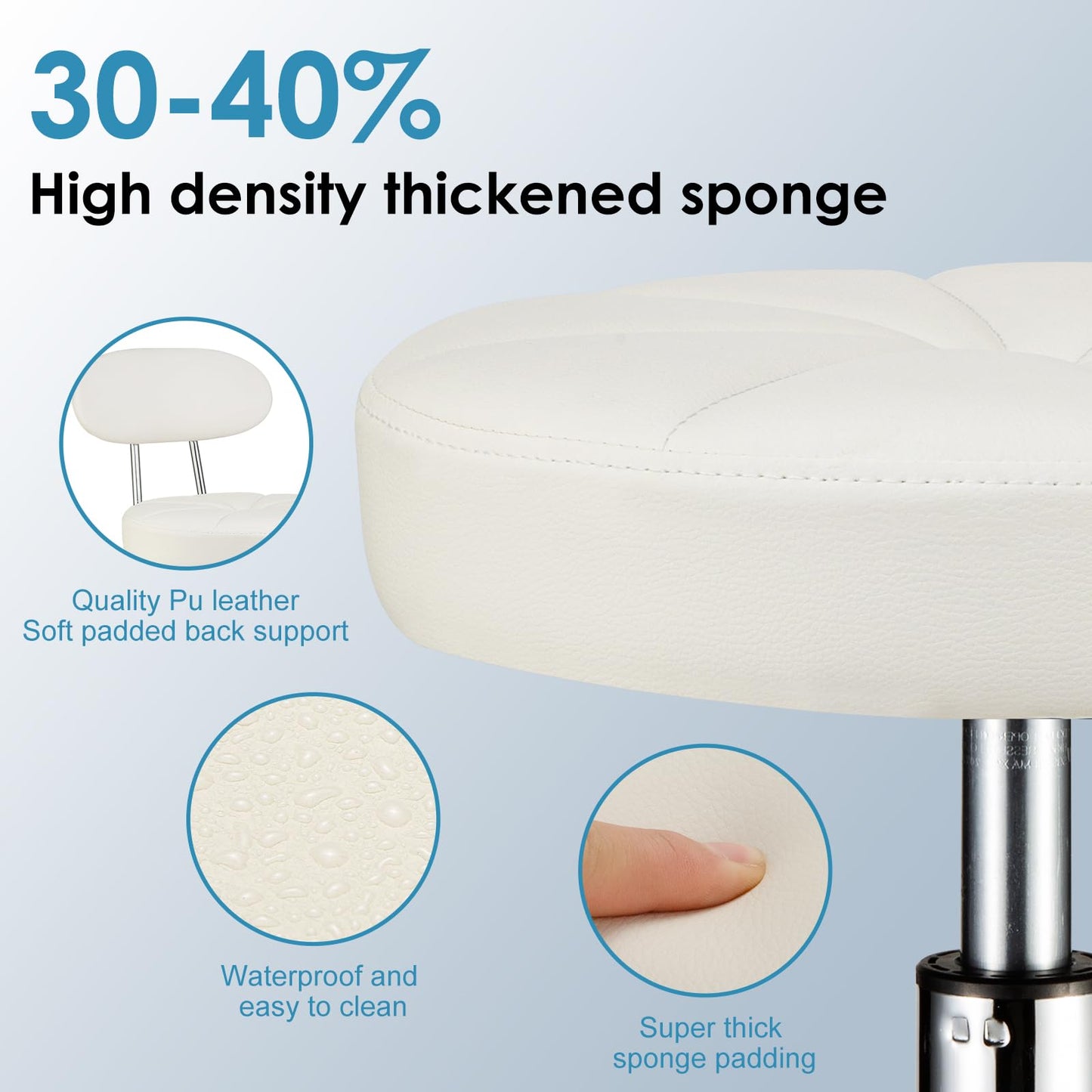 FNZIR PU Leather Rolling Stool with Back Support Height Adjustable Swivel Stool Chair with Wheels Drafting Chair for Spa Slaon Massage Stable Base Foot White