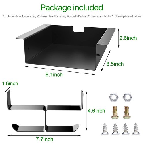 Ehaijia Stainless Steel Under Desk Storage Shelf with Dual Headset Hanger Hook Holder, Hidden Desk Drawer for Space Saving, Great Addition for Workstations, Easy to Install& holds up to 10 lbs