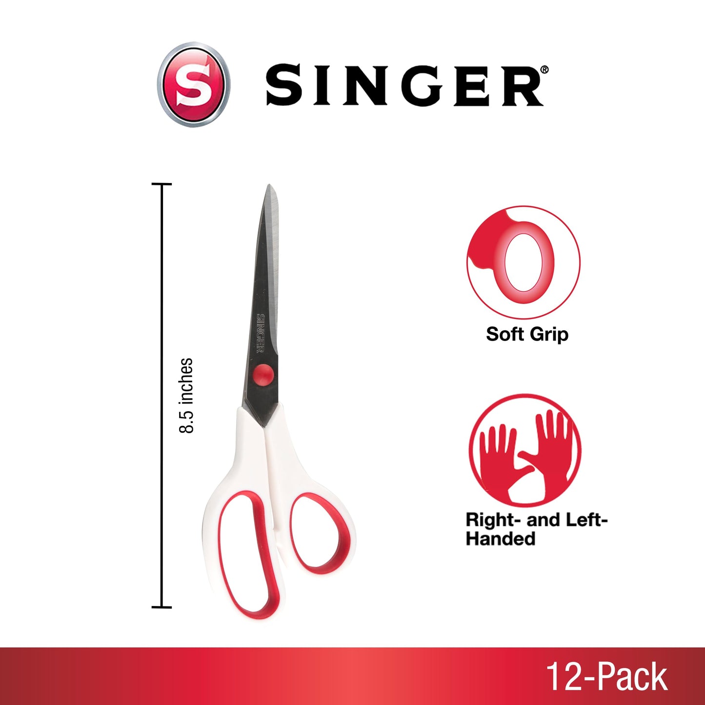 SINGER 8-1/2-Inch Fabric Scissors with Comfort Grip Red & White, 12-Pack